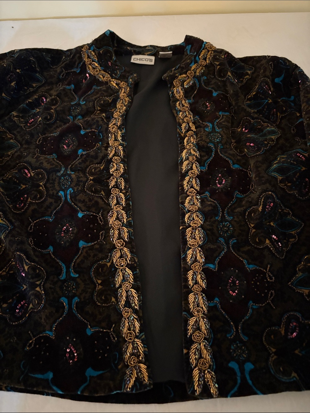Chico's Black Velvet Jacket with Gold Braid and Blue & Pink Accents